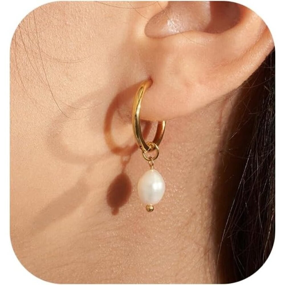 PRTGL Pearl Earring Trendy 14K Gold Dainty Elegant Pearl Hook Earrings for Women